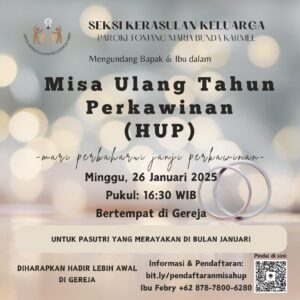 MISA HARI ULANG TAHUN PERKAWINAN (HUP) JAN 2025 @ Gereja Maria Bunda Karmel