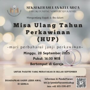 MISA HARI ULANG TAHUN PERKAWINAN (HUP) SEP 2025 @ Gereja Maria Bunda Karmel